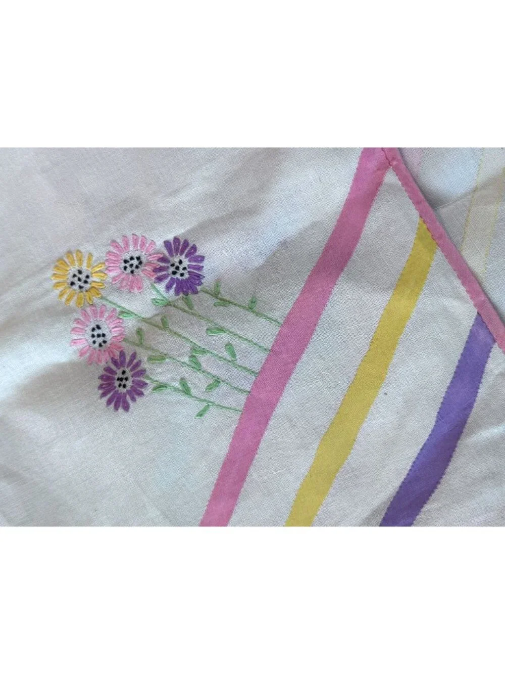 Vintage Hand Embroidered Floral Tablecloth Multi Color Stripes 42 x 30